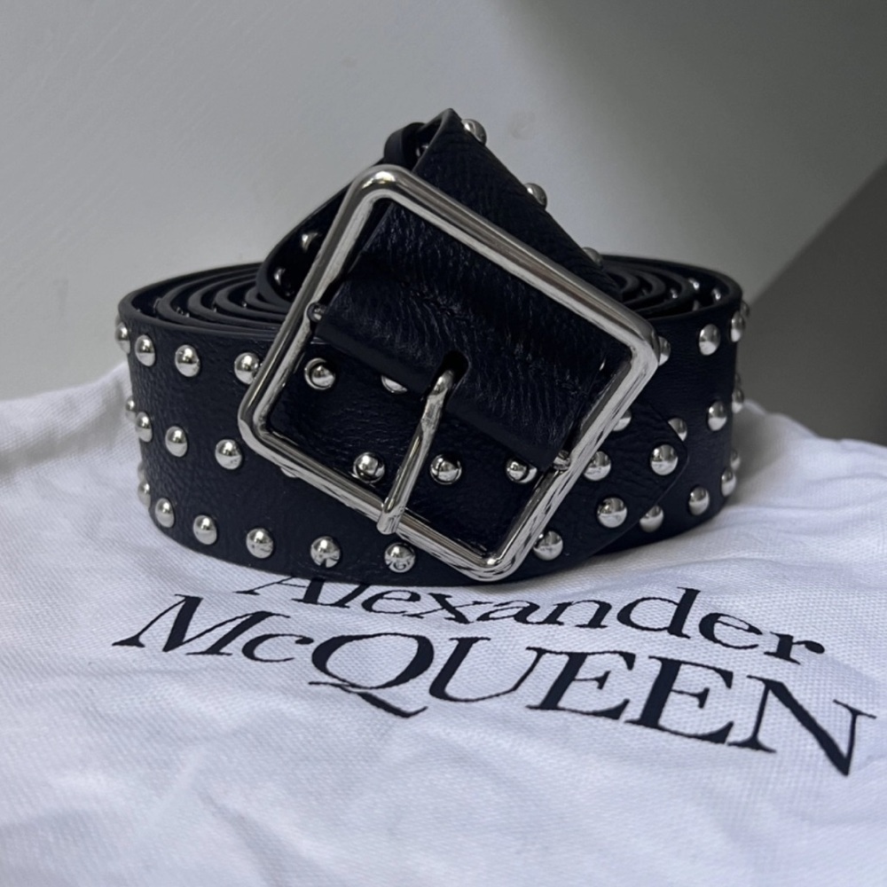 ALEXANDER McQUEEN Black Silver Studded Leather Belt Extra Long NEW RARE! 32 80 - Picture 5 of 6